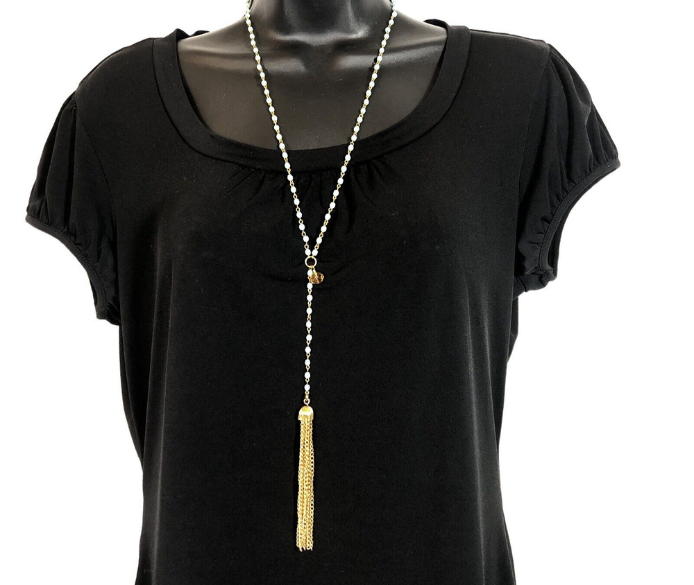 Skinny by Jessica Elliot Necklace Blue Rosary Bead Glass Bead Y Drop Tassel